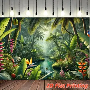 2D Flat 1pc Tropical Rainforest Stream Backdrop Banner, Palm Tree Bird of Paradise Tropical Flower Photography Background, Ideal for Summer Vacation Party, Jungle Themed Event, Nature Photo Shoot Decor, Multiple Sizes Available