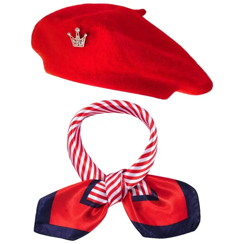 3pcs French Beret Hat Set Costume Accessories Set Including Beret Hat Scarf Crown Pin, Artist Beanie Beret Warm French Hat for Women French Themed Party, travel, family Outing, Halloween Costumes, disco Parties, Cosplays, Cosplay Accessory