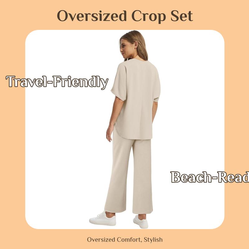 OFEEFAN Two Piece Sets for Women Summer Outfits Oversized Wide Leg Crop Pants Lounge Sets Airport Beach Vacation Clothes |(Size Up 1-2 for Oversized Look) Casual Shortsleeve
