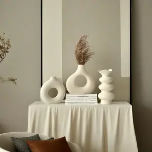 Milky Artistic Vase Set, 3-Piece Decorative Flower Arrangement, Living Room & Dining Table Centerpiece, Home Decorative White Vase Study Desk Ornament, Modern Ceramic Vase