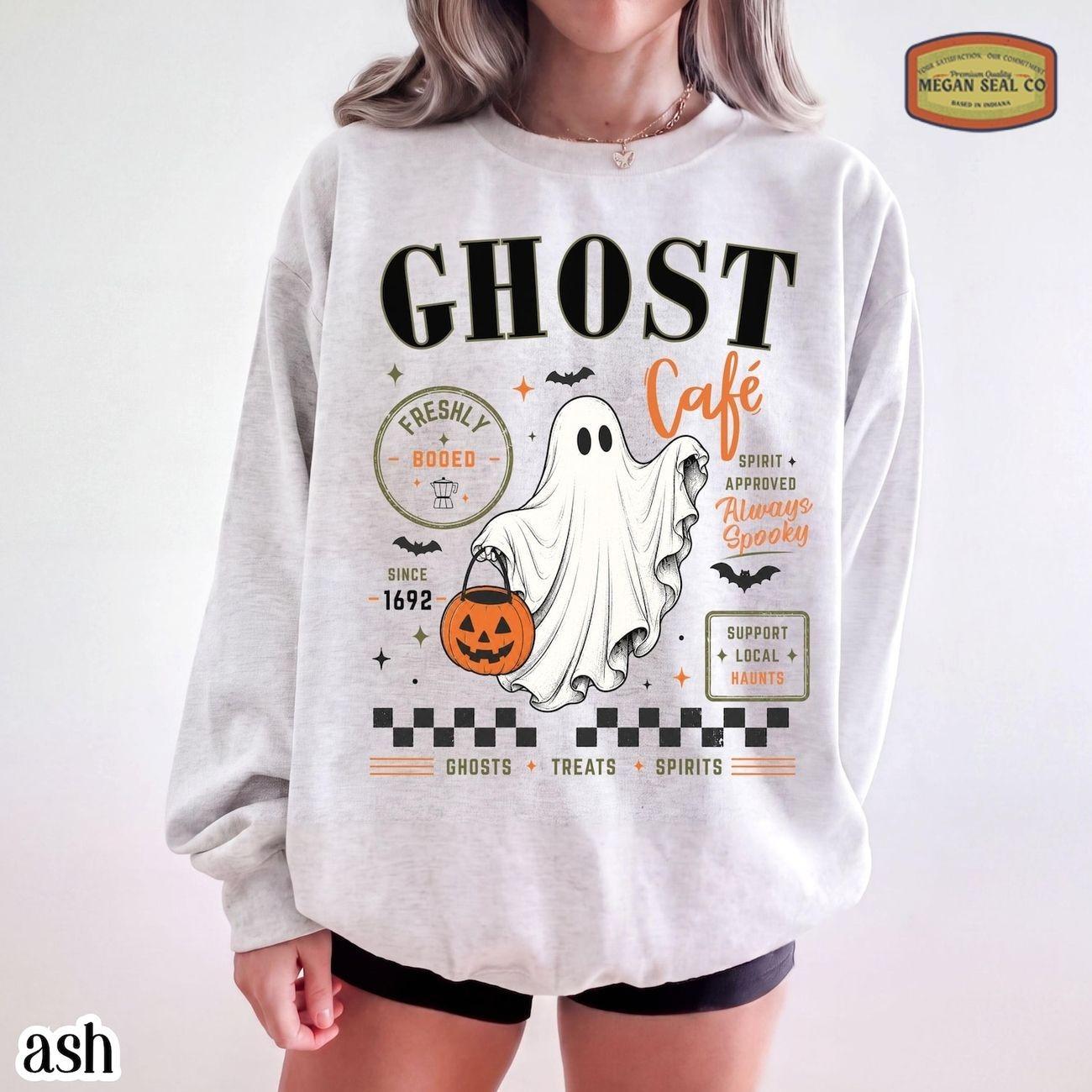 Cute Halloween Ghost Sweatshirt, Retro Cafe Halloween Sweater, Spooky Coffee Lover Crewneck, Vintage Fall Graphic, Cute Trick or Treat Autumn Pullover