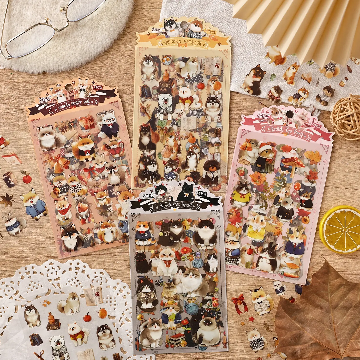 Animal Theme Sticker Pack, Pet Material, 16 Sheets/bag (4 Styles X 4 Sheets), Decorative Art Stickers for Journals, Water Bottles, Multi-Scene Use