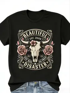 Women's Retro Western Style Pattern T-shirt - Black Cow Skull & Floral Printed Letter Short Sleeve Crew Neck Summer Casual Top, Loose-fit, Non-sheer Fabric