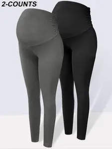 Maternity Solid Color Ruched High Waist Maternity Leggings, Casual Comfy Breathable Skinny Pants for Pregnancy & Postpartum, Maternity Bottoms for Fall & Winter, Maternity Clothing