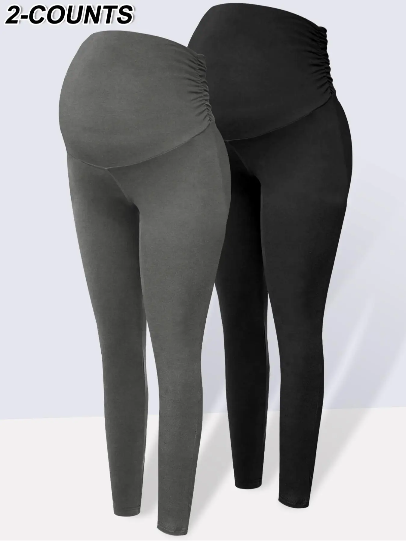 Maternity Solid Color Ruched High Waist Maternity Leggings, Casual Comfy Breathable Skinny Pants for Pregnancy & Postpartum, Maternity Bottoms for Fal