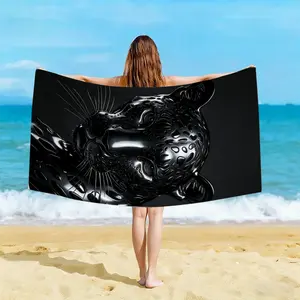 Glossy Black Leopard Head Modern Metallic Art Microfiber Beach Towel - Strap-Equipped, Lightweight, Sandless, Quick-Dry Oversized Pool Blanket, Ideal for Tropical Cruise Trips, Great Gift for Swim Gear Upgrades