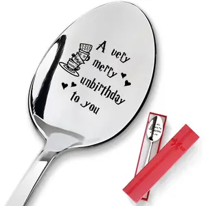 A very Merry Unbirthday to You Engraved Stainless Steel Spoon,  Coffee  Dessert Spoon Gifts for Coffee Lover Birthday Graduation Christmas