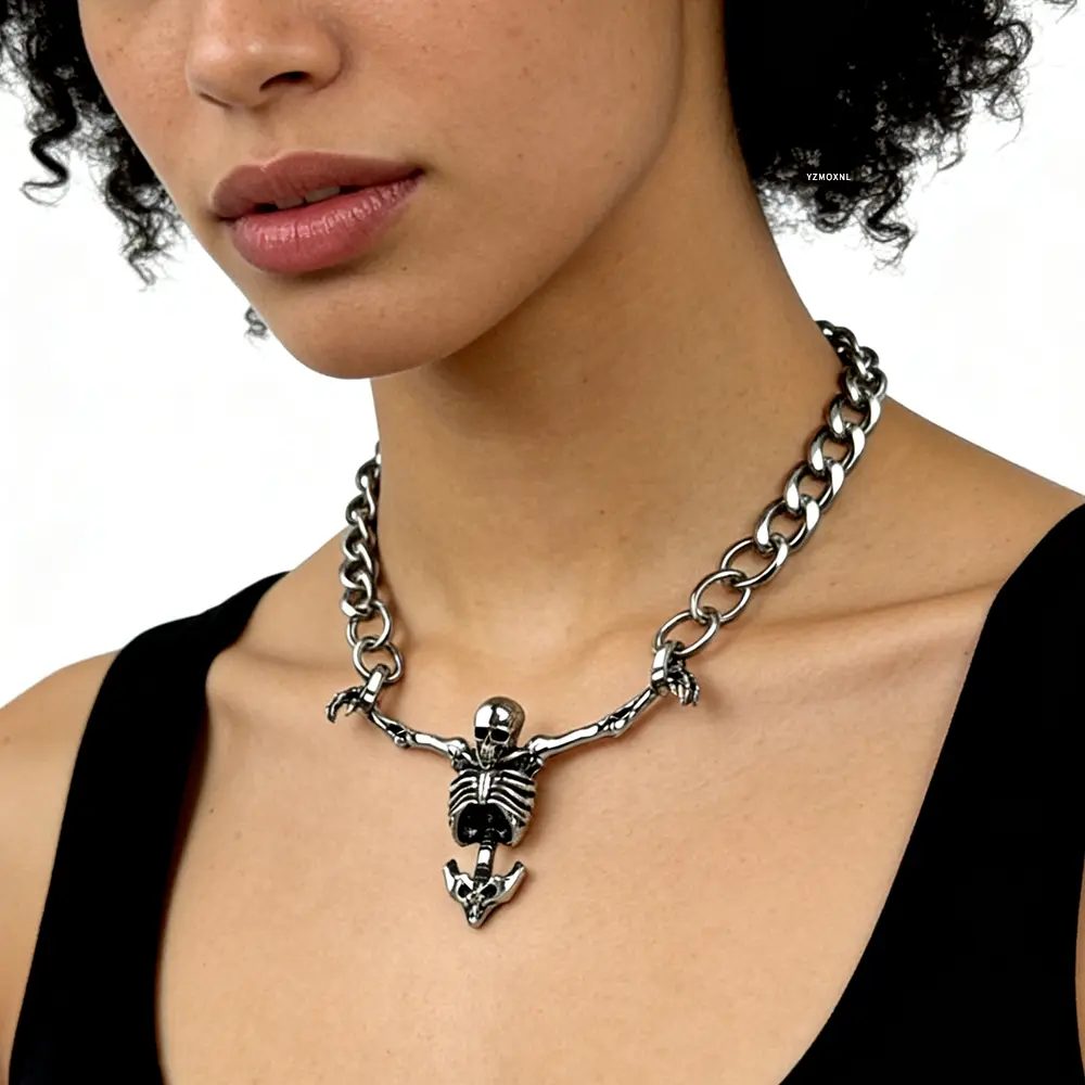 YZMOXNL Cuba Skull Necklace Stainless Steel Skeleton Pendant Punk Hip Hop Jewelry Gift for Men and Women Gothic Cross Skull Design