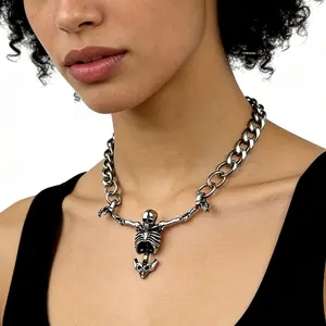 YZMOXNL Cuba Skull Necklace Stainless Steel Skeleton Pendant Punk Hip Hop Jewelry Gift for Men and Women Gothic Cross Skull Design