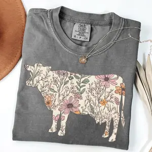 Comfort Colors Retro Cow Lover T-Shirt, Trendy Western Cow Shirt, Gift for Cow Lover, Wildflower Cow T-Shirt