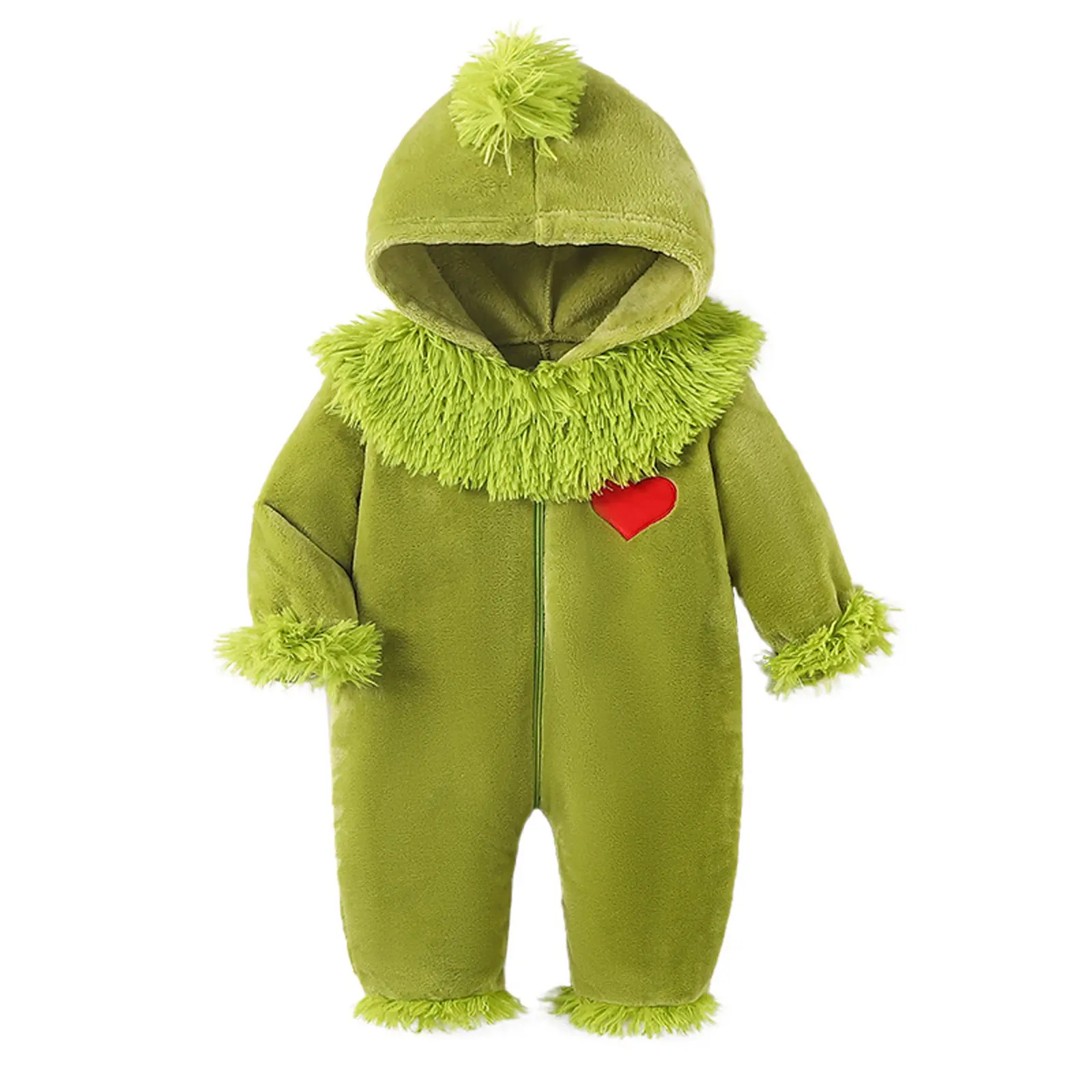 Green Monster Jumpsuit, Soft Hooded Romper with Heart Embroidery, Unisex Baby Long Sleeve Christmas Costume for Infants 0-24 Months, Holiday, Polyester, 18 - 24 Months, 0-3 Months