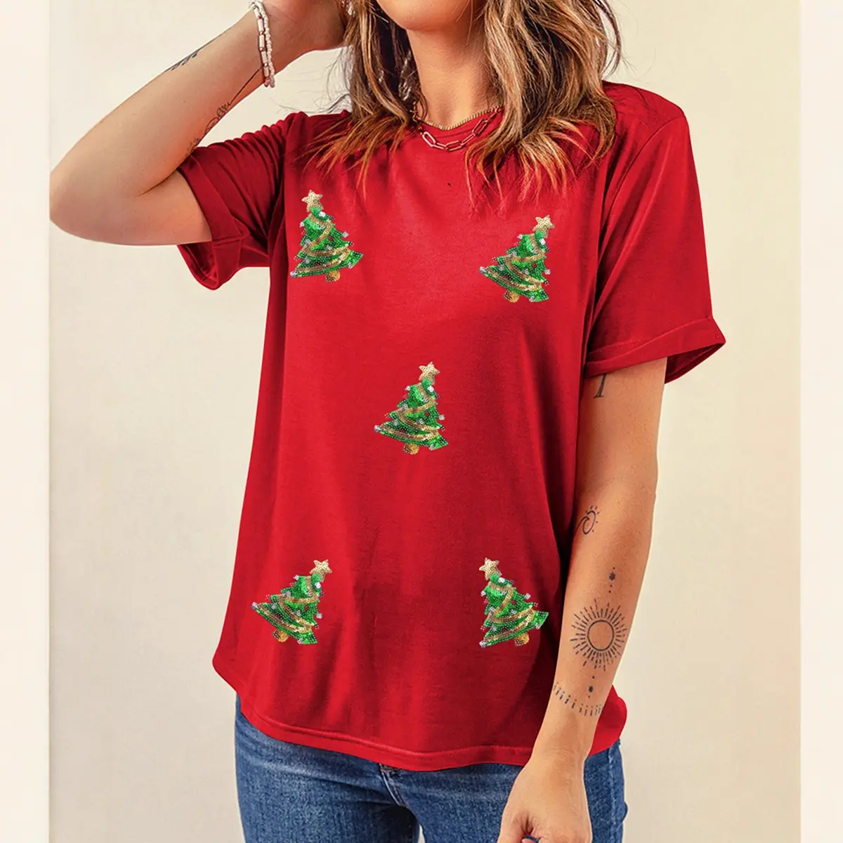 Women's Casual Sequin Letter Print Crewneck Long Sleeve Pullover - Lady's Glitter Accents, Sequin Patch, Striped Tree Holiday Sweatshirt