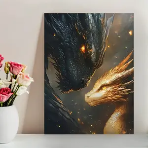 Canvas Print Poster - Tairn & Andarna Fourth Wing Epic Fantasy Wall Art, Black & Golden Mythical Dragons, Vibrant Home Decor for Living Room, Bedroom, Office or Gift