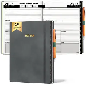 HARDCOVER A5 6.5x8.5 June 2025 - July 2026 Daily Leather Planner Weekly Monthly - Ensight Academic Planner Business Personal or Student - Pen Holder, Bookmark, Notes Pages, Thick Paper, June 2025 - July 2026 (Dark Grey)