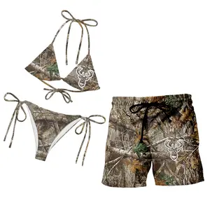 Camo Couple Matching Swimwear - Women's Tie-Side Bikini & Men's Hawaii Beach Shorts Set | RealTree Hunting Camouflage Design, Rustic Country Style Outdoor Apparel, Quick-Dry Breathable Fabric for Vacation, River & Beach, Camo Lovers Gift Set