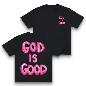 Black & Pink Letter Print Drop Shoulder T-Shirt - "GOD IS GOOD" Casual Women's Top, Oversized Fit, Round Neck, Machine Washable, All-Season Wear, Allseason Top |     Graphic Tee |     Knit Construction