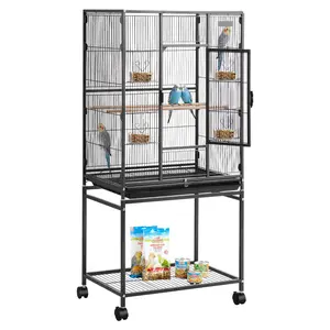VEVOR Bird Cage, 24.6 x 16.7 x 53.9 inch, Flat Top, Wrought Iron Bird Flight Cage with Perches, Slide-Out Tray and Plastic Feeders, Casters, for Parrot, Blue Tit, Cockatiel, Canary, Budgerigar, Conure
