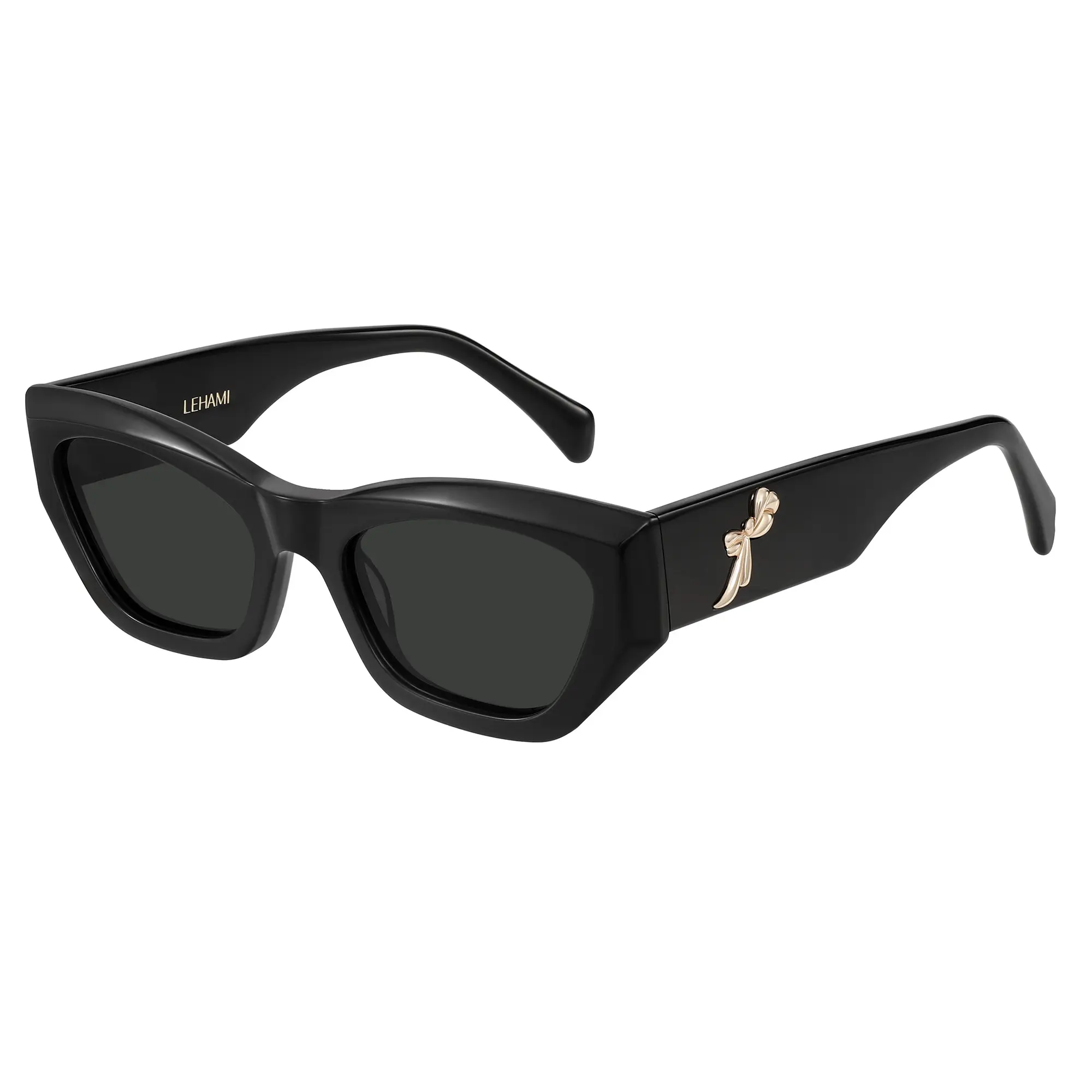 LEHAMI Trendy Cat Eye Polarized Sunglasses for Women, Retro Narrow Frame Womens Sunglasses UV400 Protection, Stylish Cateye Sun Glasses Vintage Shades, Black/Grey Lens