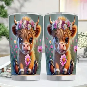 Cute Highland Bull Pattern Stainless Steel Thermos Mug with Floral Design | 20oz Leak-proof Travel Mug, BPA-free Double-walled Vacuum Insulated Mug, Suitable for Hot and Cold Drinks, Reusable, Perfect for Home, Office, Camping, and Everyday Gifts.