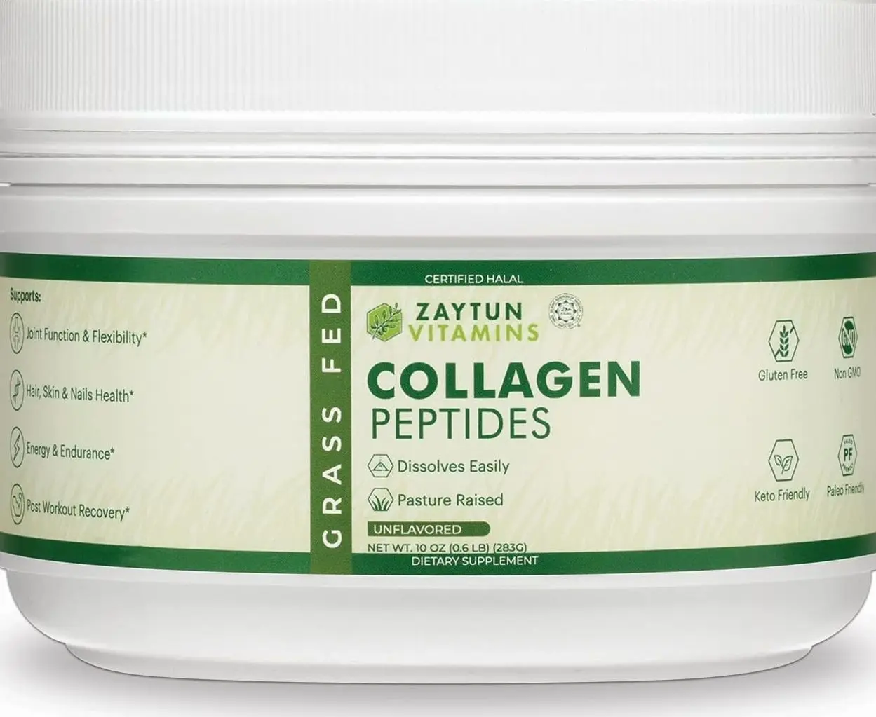 Zaytun Halal Collagen Peptides Powder, Hydrolyzed Type I & III Collagen, Supports Joint, Bone, Muscles, Hair, Skin, & Nails, Keto Friendly, Grass-Fed, 10 oz, Made in USA, Certified Halal