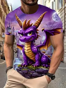 Summer Men's Fun Colorful Cartoon Print Shirt, Comfortable Breathable Fabric, Dynamic Line Design, Casual Style for Daily Sports Parties