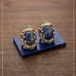 Nomad Jewels Unisex Cross-Set Earrings - Vintage Lapis Lazuli Studs, Emerald Green Tsavorite Green Gemstone Pairs, Antique Bronze Bohemian Luxe Artisan Costume Jewelry, Daily Wear Unique Gift, Emerald Green Earrings, Green Gemstone Earrings