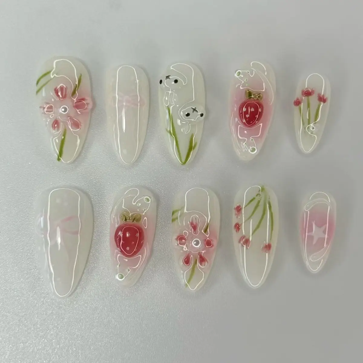 24 Pcs Spring Summer Almond Shape Floral Strawberry Rabbit Bow Nail Art Stickers, Gradient Gold Beads, Reusable Press-On Nails for Women, Handmade Reusable Nails, Almond Fake Nails