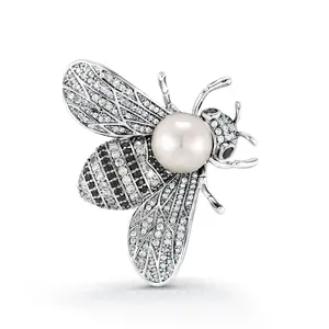 Honey Bee Rhodium Plated Pearl Brooch With Black Onyx and Cz, Pearl Bee Brooch, Cz Bee Brooch, Bee Brooch