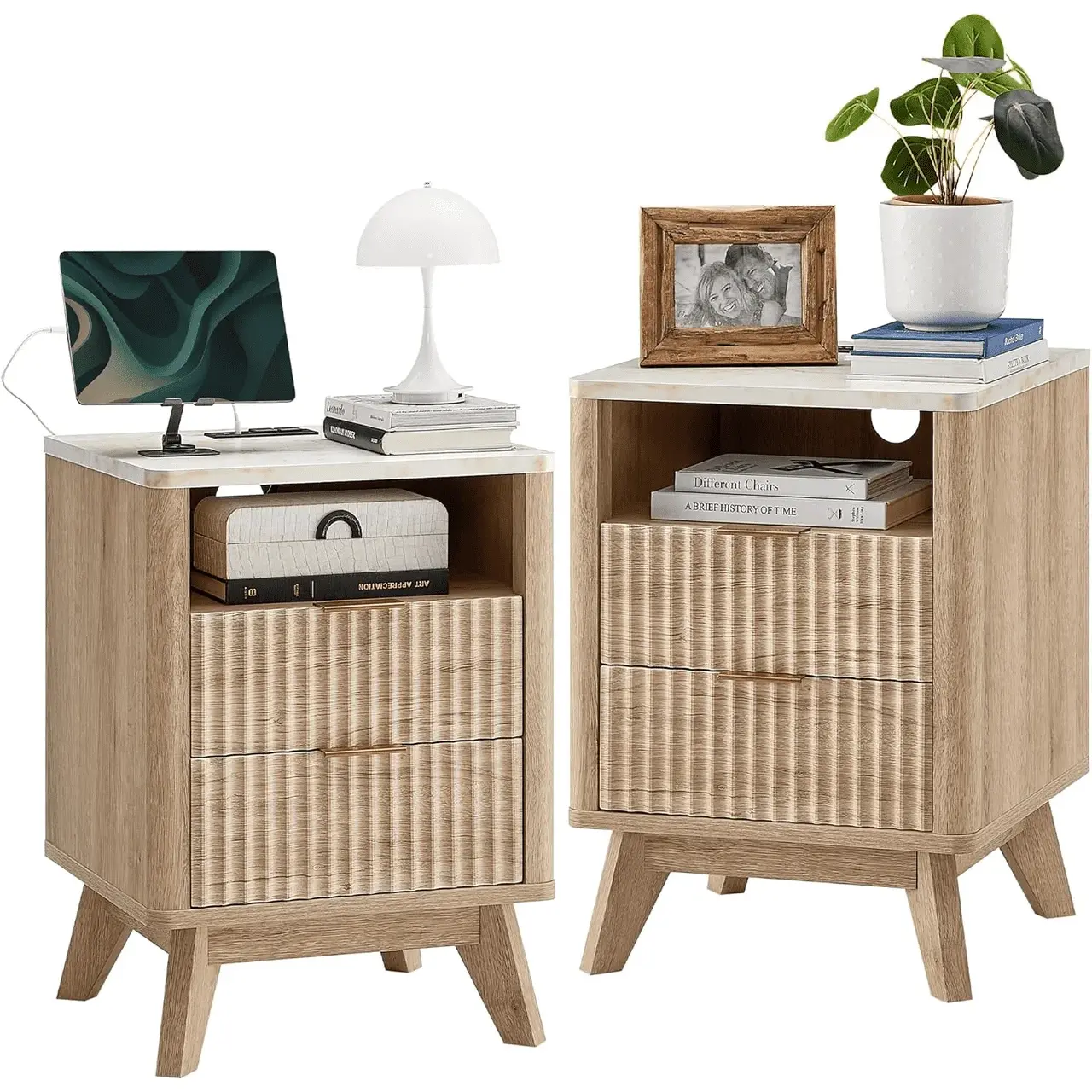 Carved Look Indoor Furniture Bedside Cabinet with Charging Port, Double Drawers, Open Shelf and Imitation Marble Top