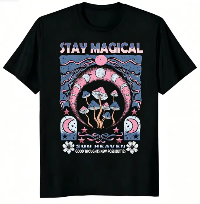 Stay Magical Vintage Mushroom Moon Phase Graphic T-Shirt, Witchy Celestial Aesthetic Short Sleeve Top, 100% Cotton, Unisex Fit Men Women