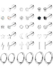 18 Pairs Flat Back Earrings Tiny Cartilage Lobe Stud Earrings Set for Women Men 316L Stainless Steel 20G Cartilage Helix Studs Earrings Moon Star Heart CZ Geometric Piercing Jewelry