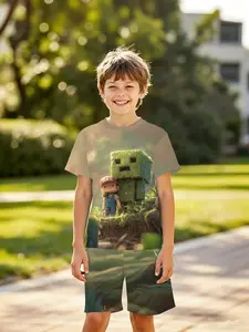 Boys' Fun Pixel Character Block Set, 3D Short Sleeve Shorts Two-Piece, Fashion Outdoor Sports, Birthday Gift, Holiday Present