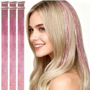 6 Pack Light Pink Hair Tinsel Clip In, 80 Strands/Pc 24 Inches Shiny Sparkle Fairy Hair for Mermaid Costume Halloween Party Concert
