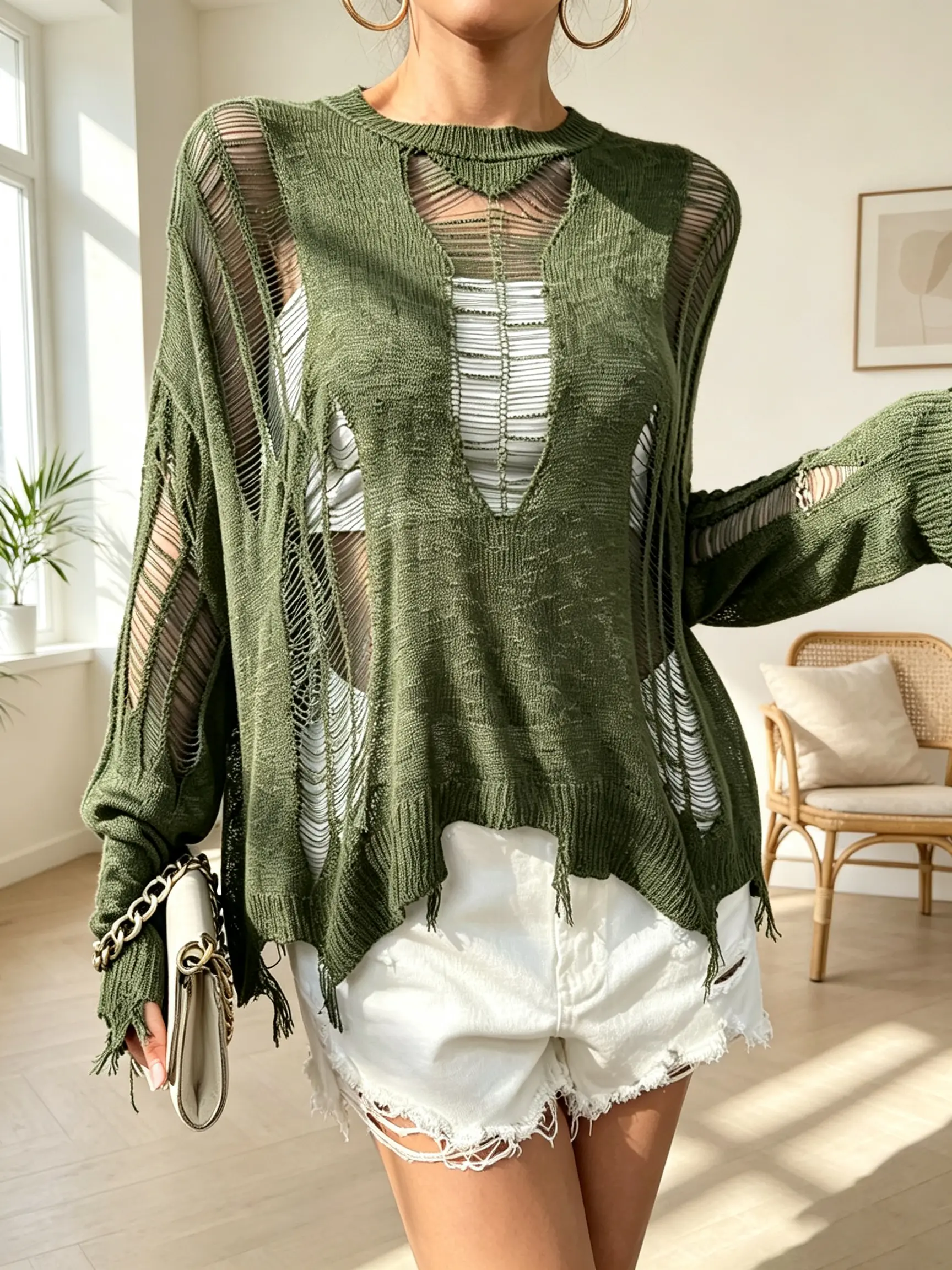 Loose-fitting, crocheted, distressed design, casual long-sleeved knit top, plus size, solid color, round neck pullover sweater for women.