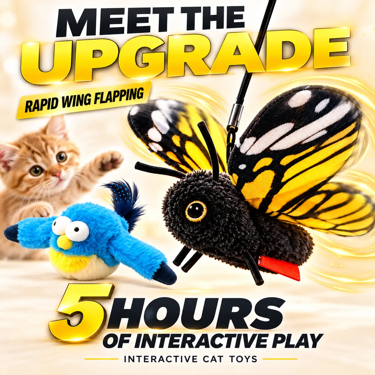 Interactive Electric Butterfly & Bluebird Cat Teaser Toy, Catnip, 3Smart Flying Modes, USB Rechargeable Hanging Toy withWashable Cover for Indoor Cats, Teaser Toys
