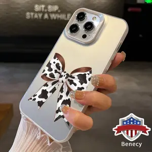 Trendy Cow Print Bow Pattern Phone Case for iPhone 15 16 14 Pro Max 13 12 11 XR XS Plus E Shockproof Drop Protection Durable PC Smartphone Cover Cellphone Protective Casing