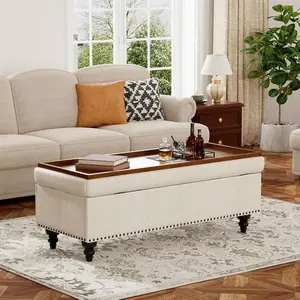 [SummerVibes] Vabches 47" Ottoman Coffee Table with Storage,Storage Ottoman Bench with Lift-Off Lid, Button Tufted Upholstered Foot of Bed Bench for Bedroom, Entryway & Living Room,Beige