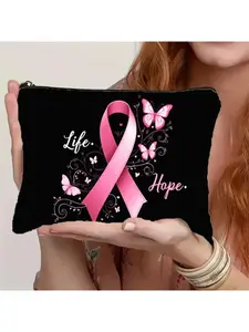 Breast Cancer Awareness 'Life. Hope.' Ribbon & Butterfly Makeup Bag with Smooth-Zipping Closure - Lightweight Durable Portable Cosmetic Organizer Suitable for Women & Men, Meaningful BC Gift (Travel Toiletry Pouch), 2D Flat