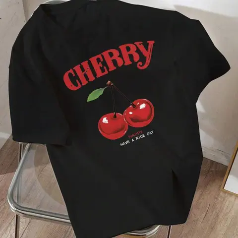 Women's Cherries & Leopard Print Round Neck Tee, Casual Baggy Short Sleeve Crew Neck T-shirt, Casual Chic Top for Daily Wear, Ladies Clothes for Summer, Womenswear