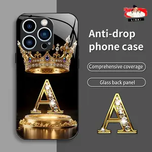 Suitable for [iPhone 14 Pro Max] New high-end crown gold base letter glass mobile phone case New business simple metal paint electroplated glass mobile phone case Affordable price Anti-drop and anti-fingerprint 995