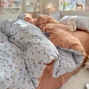 4-Piece Bedding Set, Includes 1 Fitted Sheet + 1 Flat Sheet + 2 Pillowcases, Fresh Floral Print, Leaves, Cute Bunny Pattern, Duvet Set