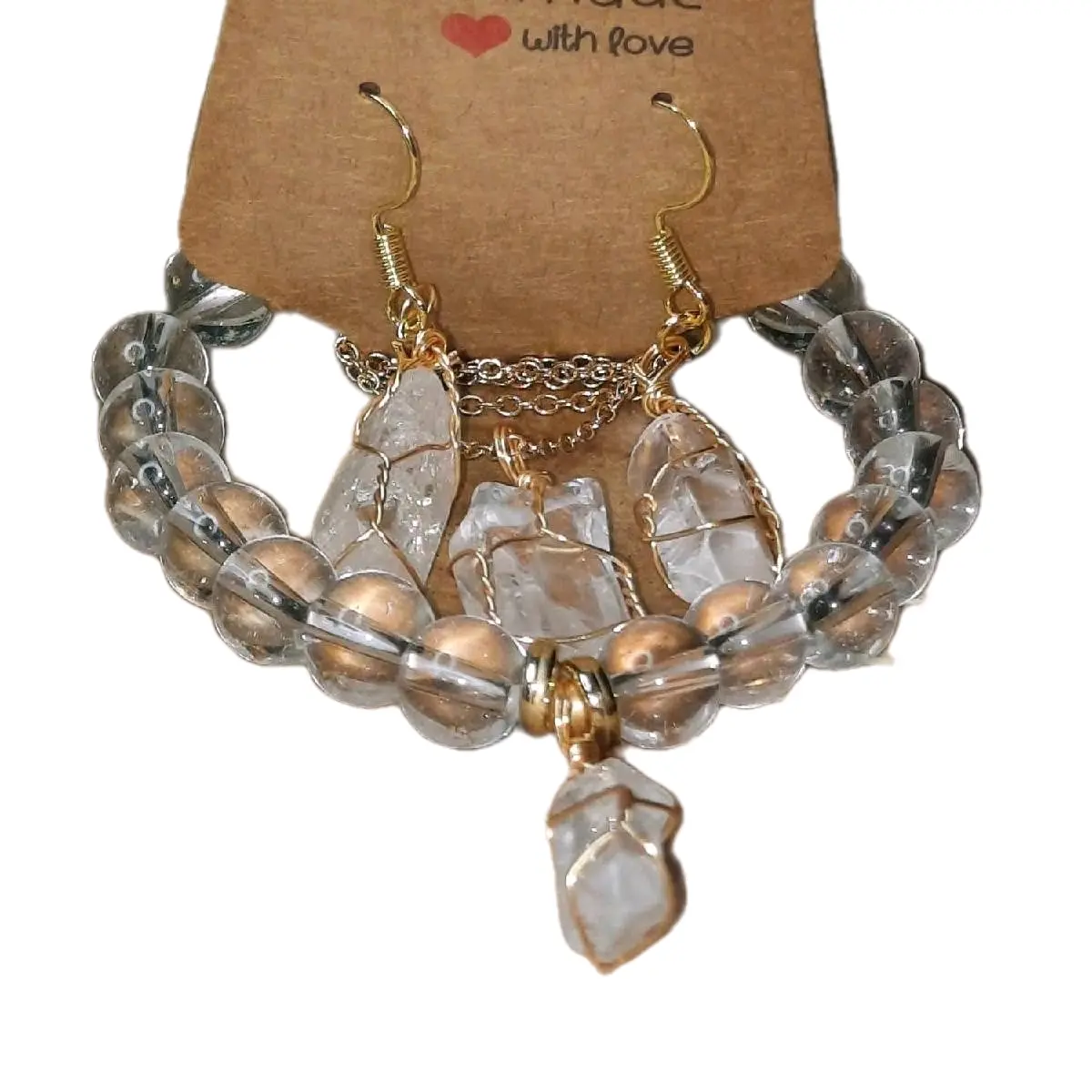 Crystal Quartz Set: Earrings, Necklace and Bracelet.
