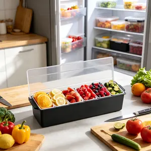 Chilled condiment serving container featuring 6 compartments and protective lid. Ice-cooled base maintains low temperature for fresh food storage. Versatile kitchen and bar essential for serving salad, fruit, taco toppings and bartending garnishes.