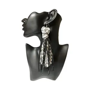 Black and White Leather Fringe Tassel Earrings