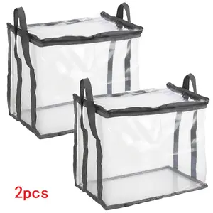 2 Pack Heavy Duty Clear Storage Bins with Hinged Lids, Large Plastic Moving Box & Toy Book Organizer Totes for Camping, Closet Storage