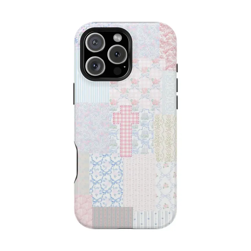 Christian Pastel Patchwork Smartphone Casing - Preppy American Retro Quilt Aesthetic, Faithful Cute Cottagecore Cross Art, TPU Shell, Cowboy Protection, Soft Girl Gift for iPhone 16/15/14/13/12 SE Max Pro & Samsung Galaxy Cellphone Accessories