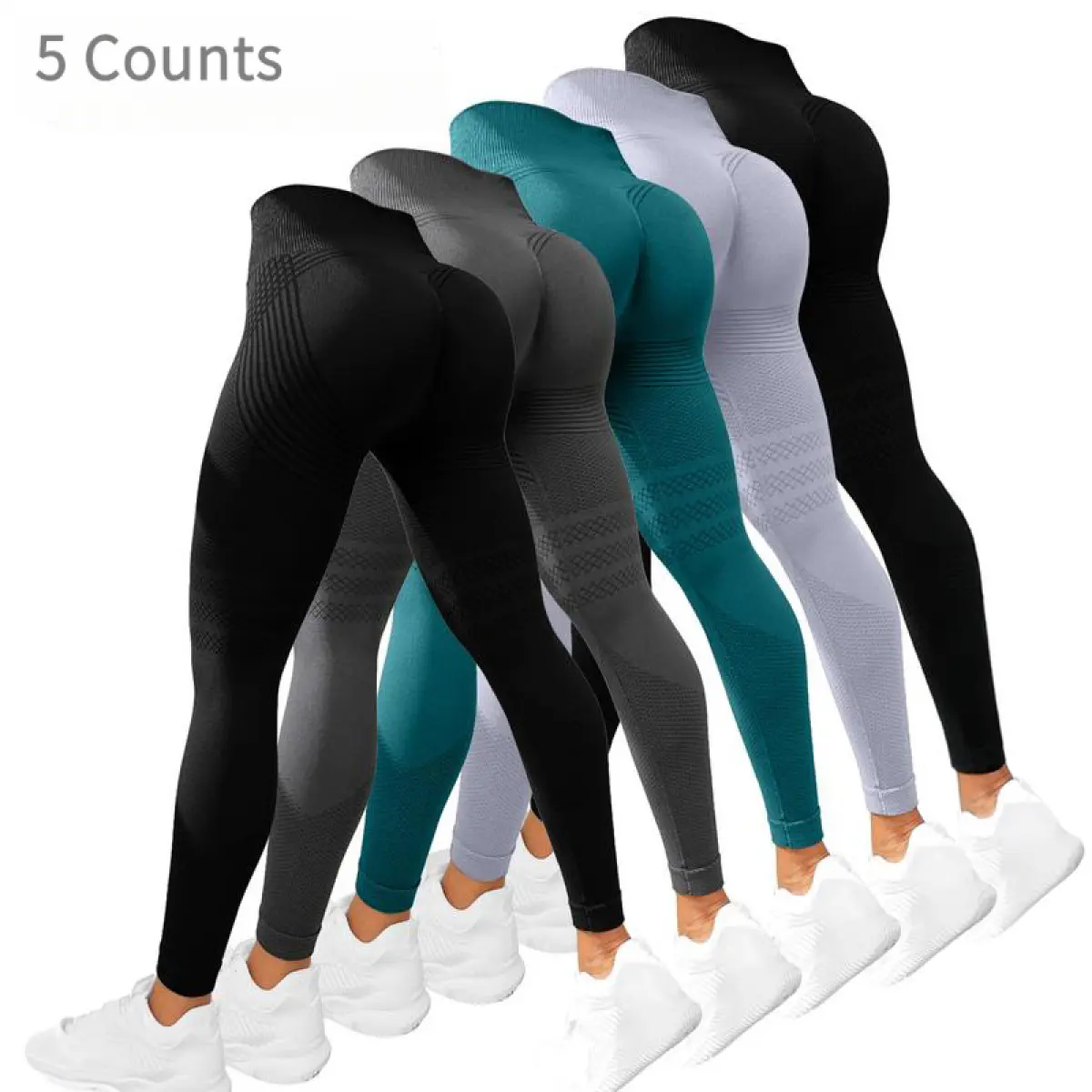 Women's Grey Solid Seamless Workout Joggers, High-Waisted Streetwear Athletic Joggers with Pockets & Cuffed Hem, Buttery Soft Non-Sheer Breathable Moisture-Wicking, 90% Nylon 10% Spandex High-Waist Control, 5-Pack for Daily Wear, Solid Seamless Joggers