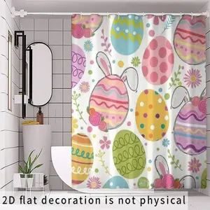 2D Flat, 2D Flat, A 2D Open Design Featuring A Striped Easter Bunny And Egg Digital Print Shower Curtain, Suitable For Bathroom Decor And Additions, With No-Drill Room Divider