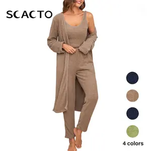 Scacto Women's 3-Piece Fuzzy Cozy Pajama Set - Longsleeve Open Front Cardigan, Crop Tank Top, Loose Wide Leg Pants, Soft Stretchy Basic Casual Wear for Comfortable Nightwear