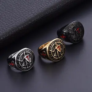 Punk Style Men's Vintage Knights Templar Shield Red Cross Ring